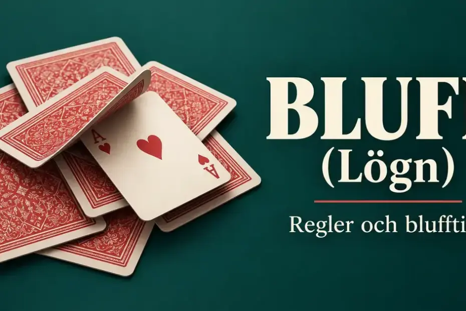 Spelkort med röda baksidor och ett synligt hjärteress mot mörkgrön bakgrund bredvid texten ”Bluff (Lögn) – Regler och blufftips”.