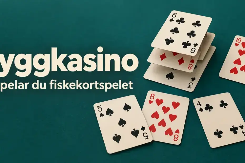 Spelkort ligger utspridda och staplade på ett mörkgrönt bord intill texten ”Byggkasino – Så spelar du fiskekortspelet”.