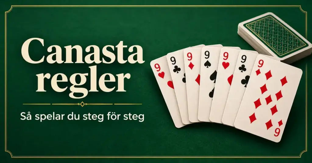 Sju nior ligger i solfjädersform bredvid en korthög på grön filt med texten ”Canasta regler – Så spelar du steg för steg”.