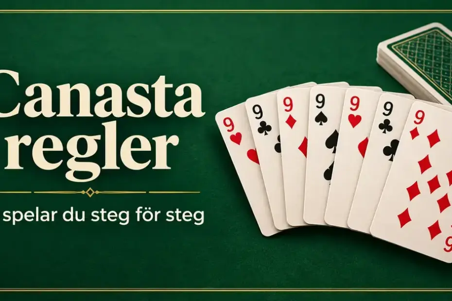 Sju nior ligger i solfjädersform bredvid en korthög på grön filt med texten ”Canasta regler – Så spelar du steg för steg”.