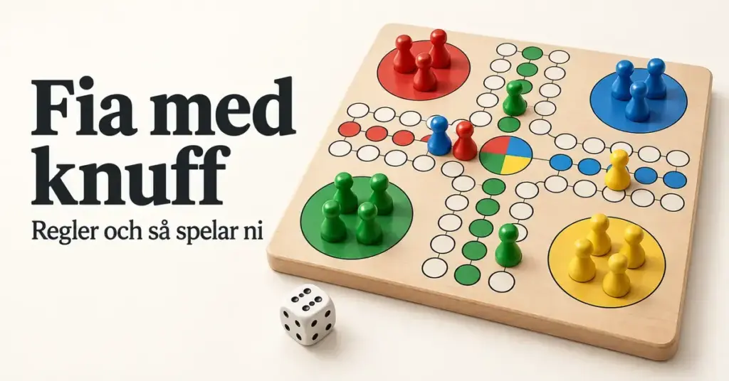 Fia med knuff på ett träbräde med röda, blå, gröna och gula spelpjäser samt en tärning, bredvid rubriken ”Fia med knuff – Regler och så spelar ni”.