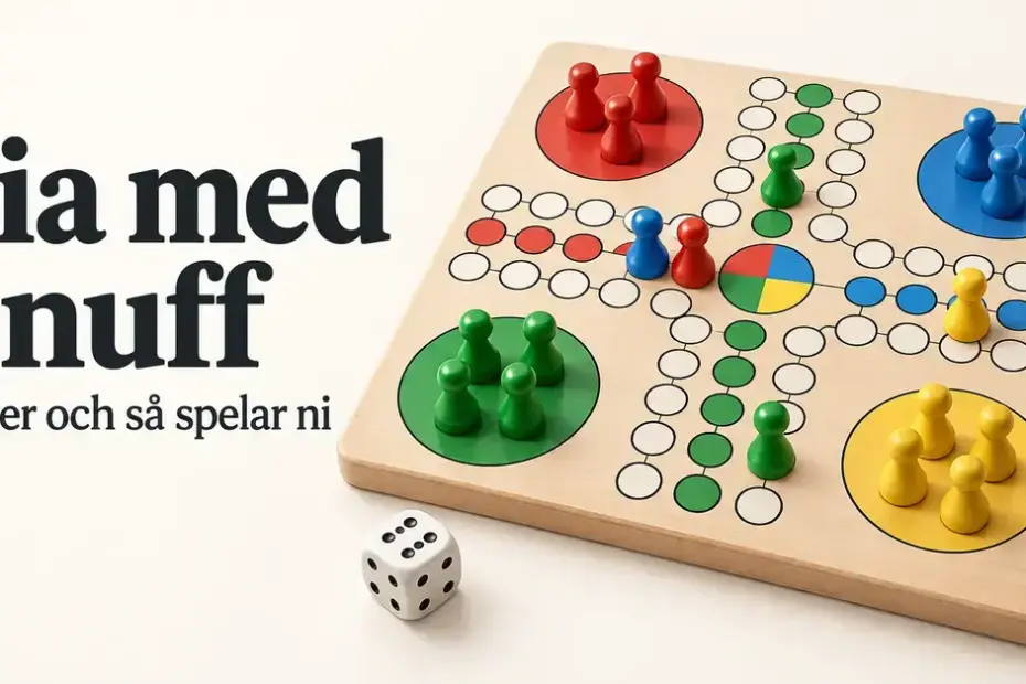 Fia med knuff på ett träbräde med röda, blå, gröna och gula spelpjäser samt en tärning, bredvid rubriken ”Fia med knuff – Regler och så spelar ni”.