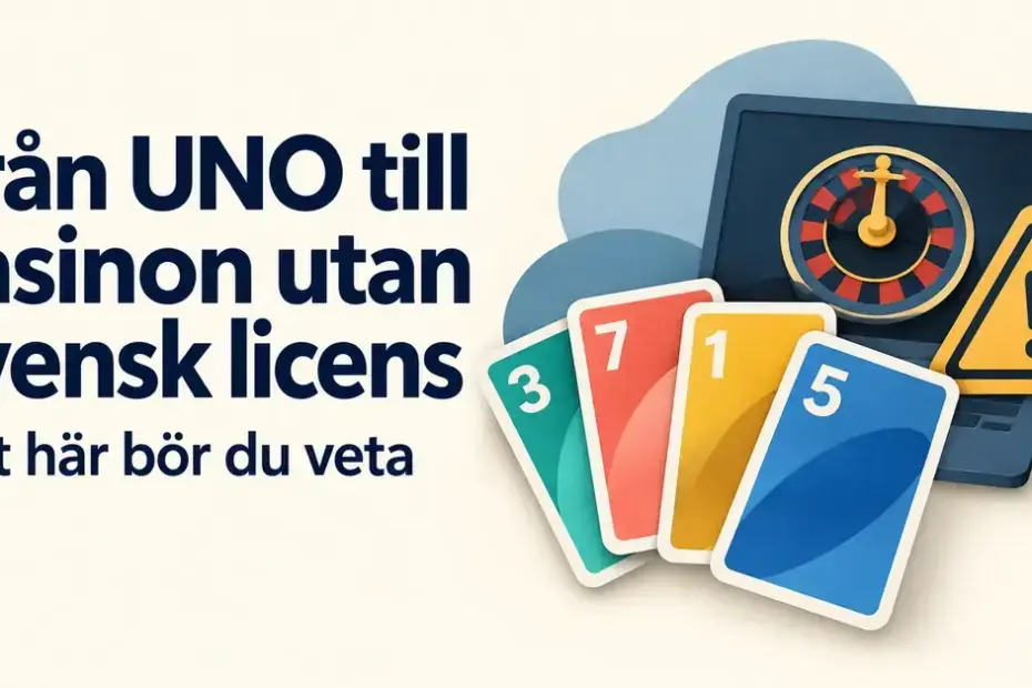 Färgglada spelkort framför en dator med ett roulettehjul och en varningssymbol intill texten ”Från UNO till casinon utan svensk licens – Det här bör du veta”.