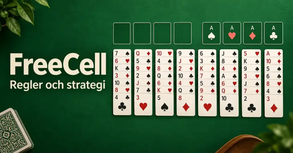 Illustration av FreeCell med åtta kortrader, fyra fria celler och fyra grundhögar på ett grönt bord intill texten ”FreeCell – Regler och strategi”.