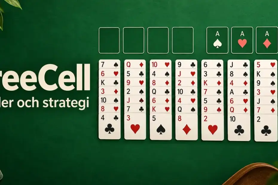 Illustration av FreeCell med åtta kortrader, fyra fria celler och fyra grundhögar på ett grönt bord intill texten ”FreeCell – Regler och strategi”.