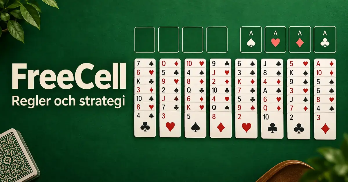 Illustration av FreeCell med åtta kortrader, fyra fria celler och fyra grundhögar på ett grönt bord intill texten ”FreeCell – Regler och strategi”.