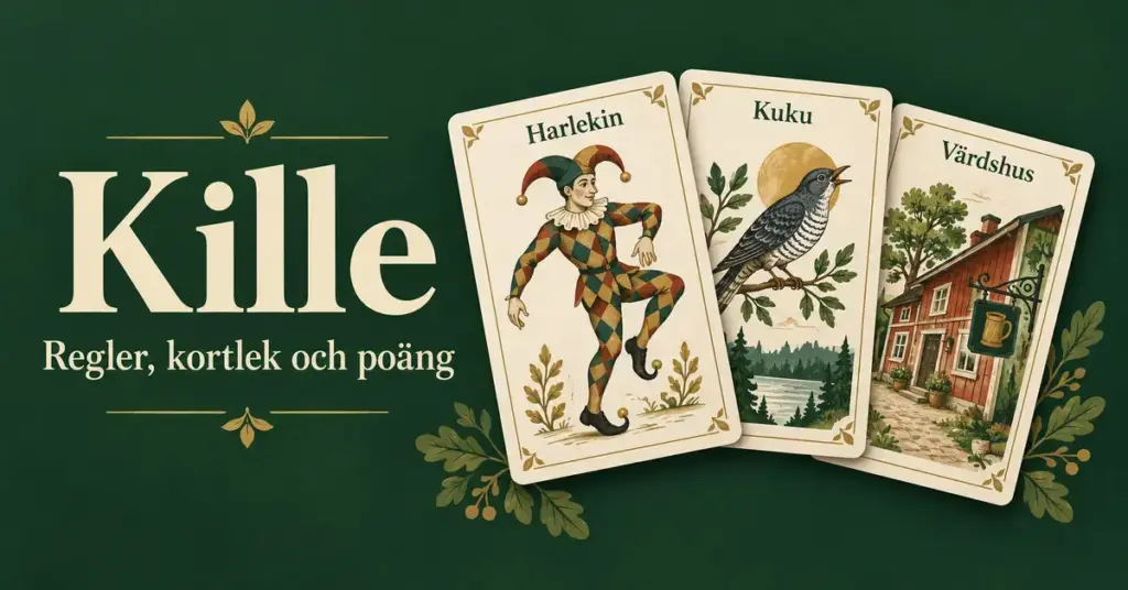 Illustrerade Kille-kort med Harlekin, Kuku och Värdshus mot mörkgrön bakgrund bredvid texten ”Kille – Regler, kortlek och poäng”.
