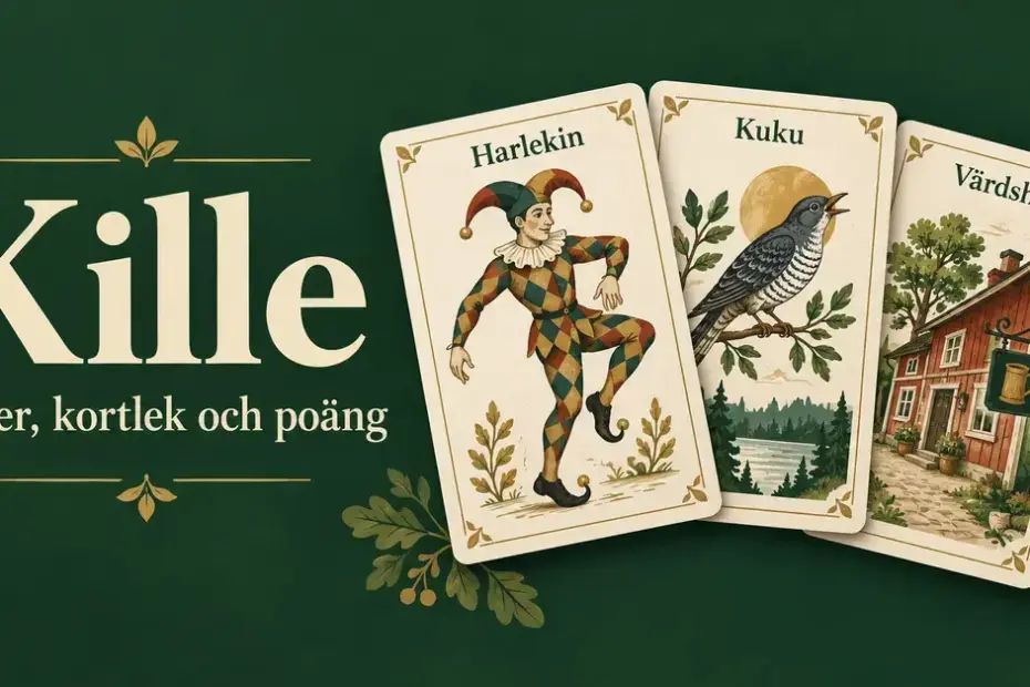 Illustrerade Kille-kort med Harlekin, Kuku och Värdshus mot mörkgrön bakgrund bredvid texten ”Kille – Regler, kortlek och poäng”.