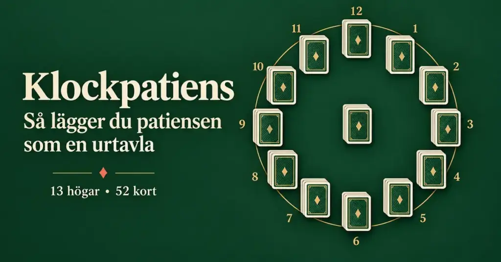 Tolv korthögar ligger som siffrorna på en urtavla med en trettonde hög i mitten, bredvid rubriken Klockpatiens på grön bakgrund.