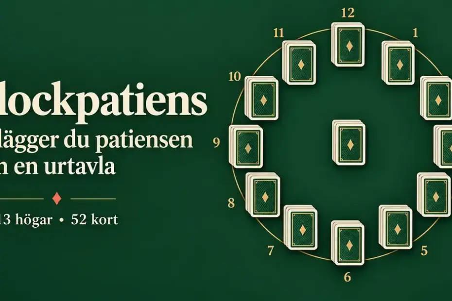 Tolv korthögar ligger som siffrorna på en urtavla med en trettonde hög i mitten, bredvid rubriken Klockpatiens på grön bakgrund.