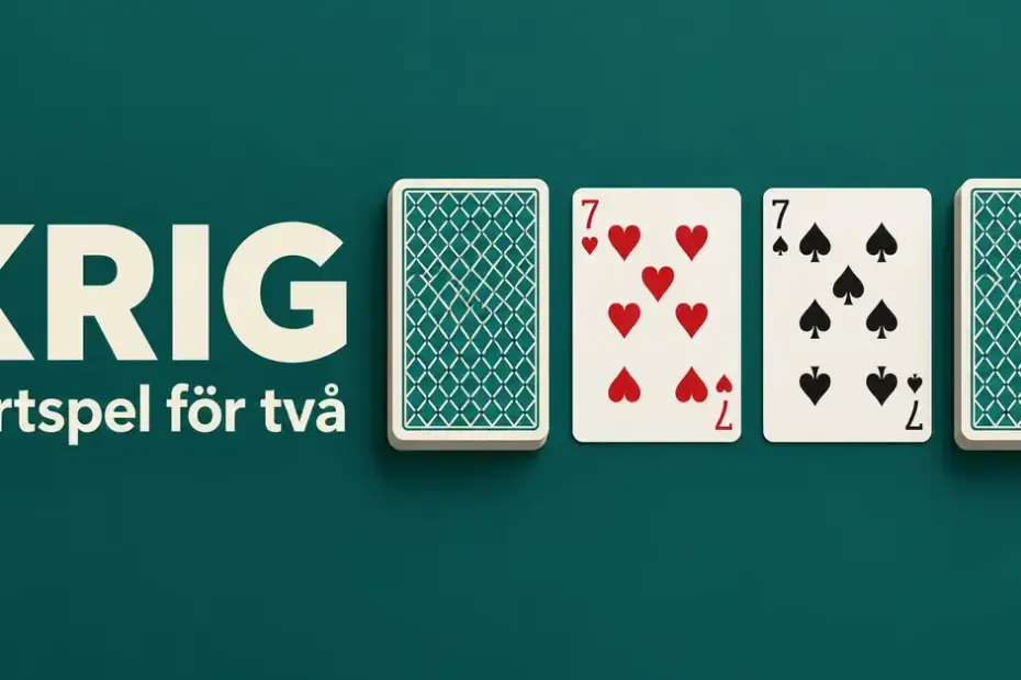 Två korthögar och uppvända hjärter sju och spader sju på grön bakgrund med texten ”Krig – Kortspel för två”.
