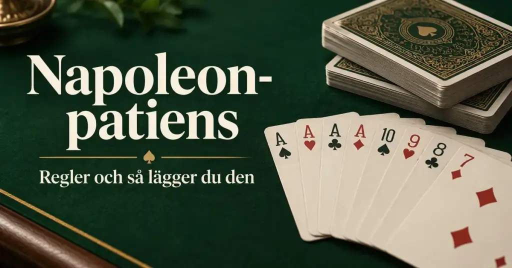 Spelkort och två kortlekar på ett grönt spelbord med texten ”Napoleon-patiens – Regler och så lägger du den”.