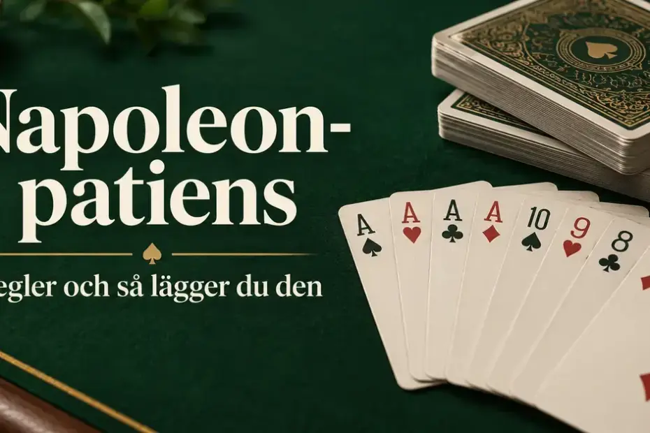 Spelkort och två kortlekar på ett grönt spelbord med texten ”Napoleon-patiens – Regler och så lägger du den”.