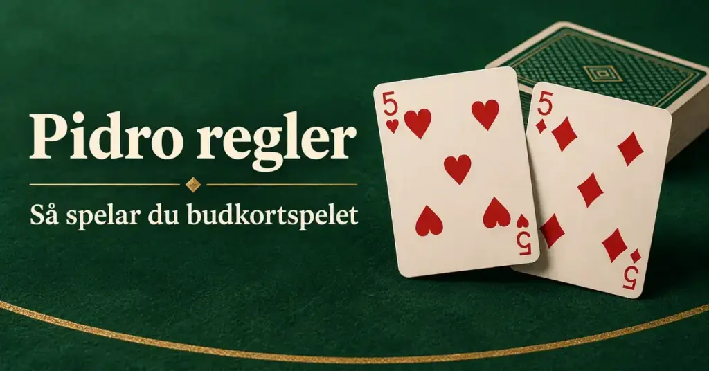 Hjärter fem och ruter fem framför en kortlek på ett grönt bord med texten ”Pidro regler – Så spelar du budkortspelet”.