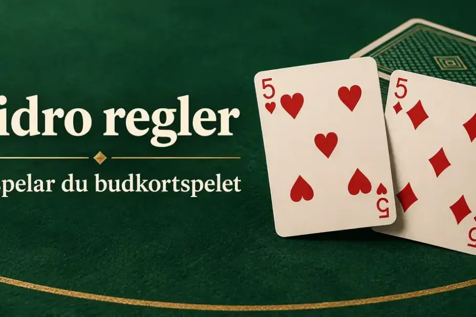 Hjärter fem och ruter fem framför en kortlek på ett grönt bord med texten ”Pidro regler – Så spelar du budkortspelet”.