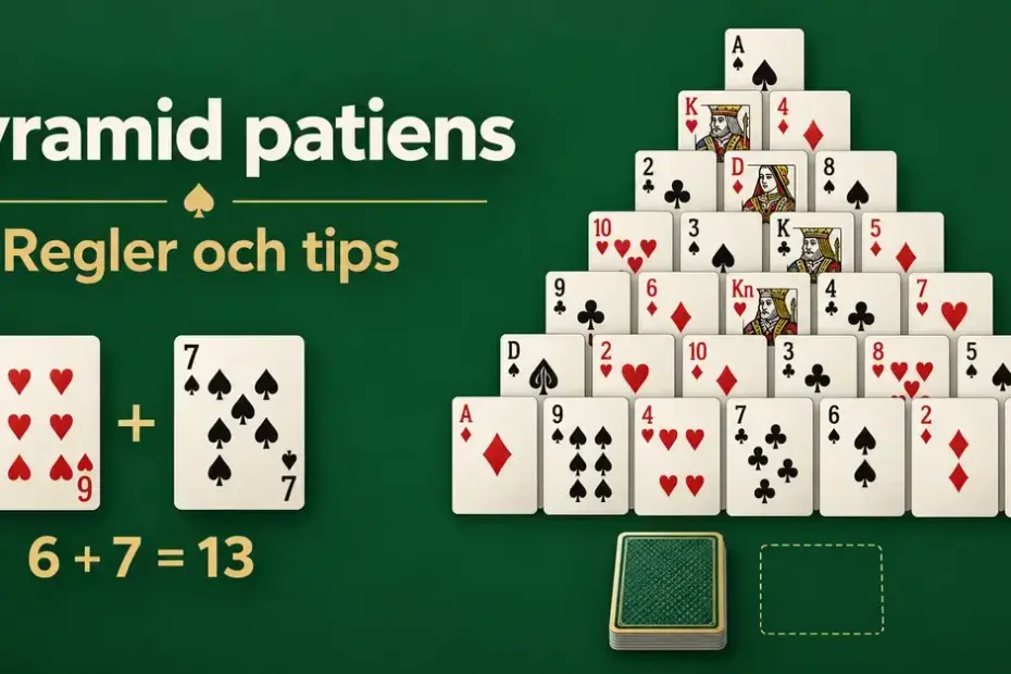 Illustration av pyramidpatiens med spelkort i sju rader, rubriken ”Pyramid patiens – Regler och tips” och två exempelkort som tillsammans ger summan 13.