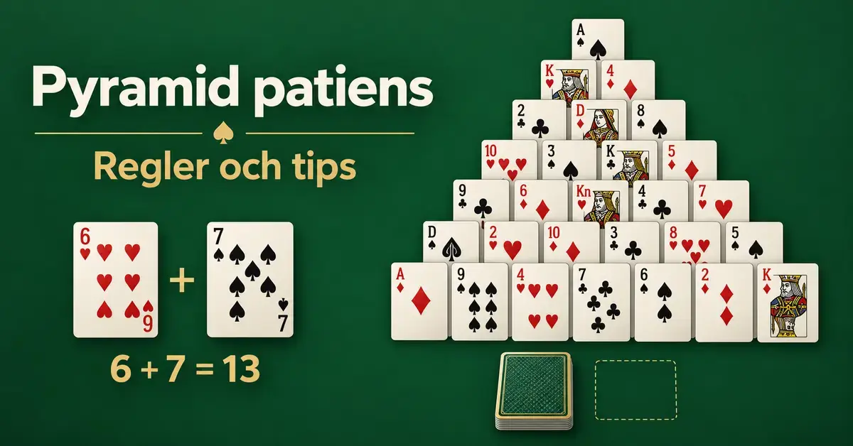 Illustration av pyramidpatiens med spelkort i sju rader, rubriken ”Pyramid patiens – Regler och tips” och två exempelkort som tillsammans ger summan 13.