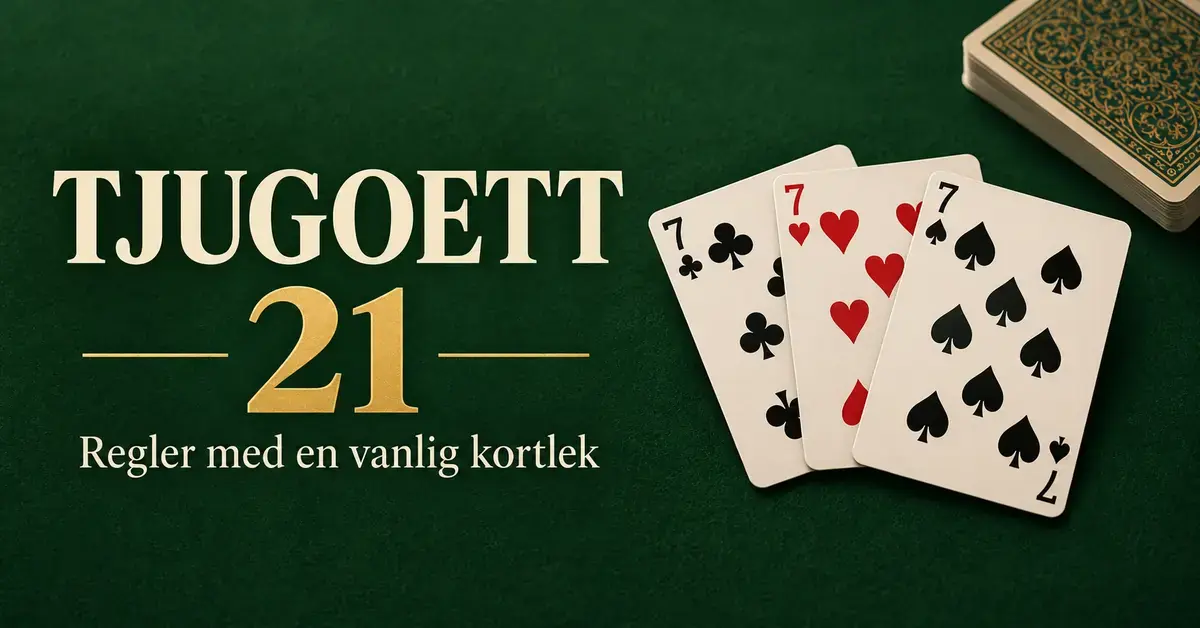 Tre sjuor och en kortlek på ett grönt bord bredvid texten ”Tjugoett 21 – Regler med en vanlig kortlek”.