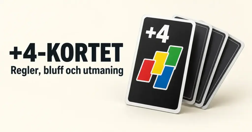 Ett svart +4-kort med röda, gula, gröna och blå symboler framför mörka spelkort intill texten ”+4-KORTET – Regler, bluff och utmaning”.