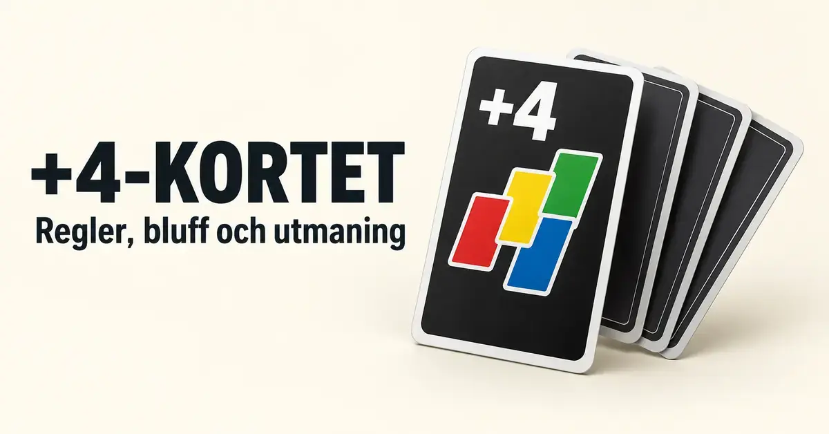 Ett svart +4-kort med röda, gula, gröna och blå symboler framför mörka spelkort intill texten ”+4-KORTET – Regler, bluff och utmaning”.