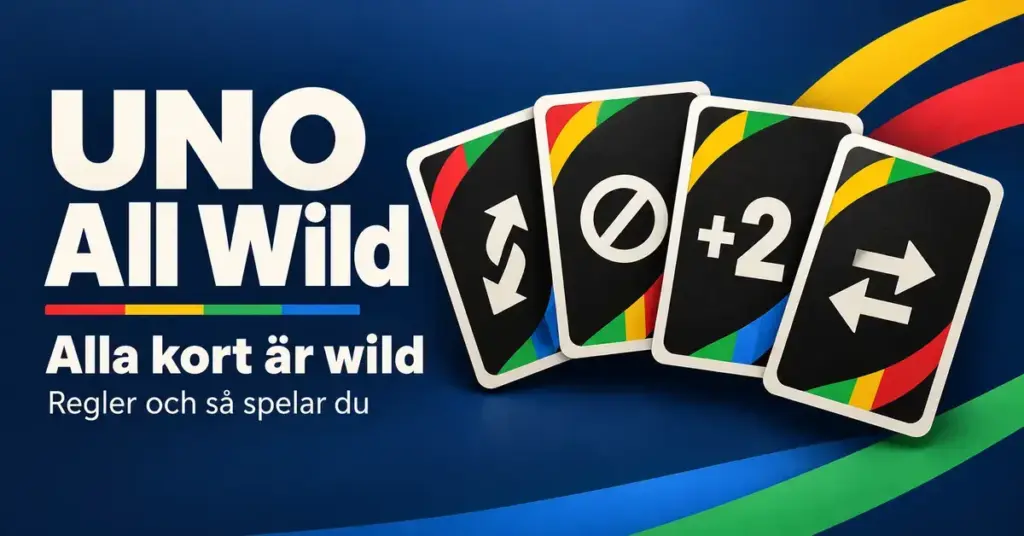 Illustration av fyra specialkort mot mörkblå bakgrund med texten ”UNO All Wild – Alla kort är wild – Regler och så spelar du”.