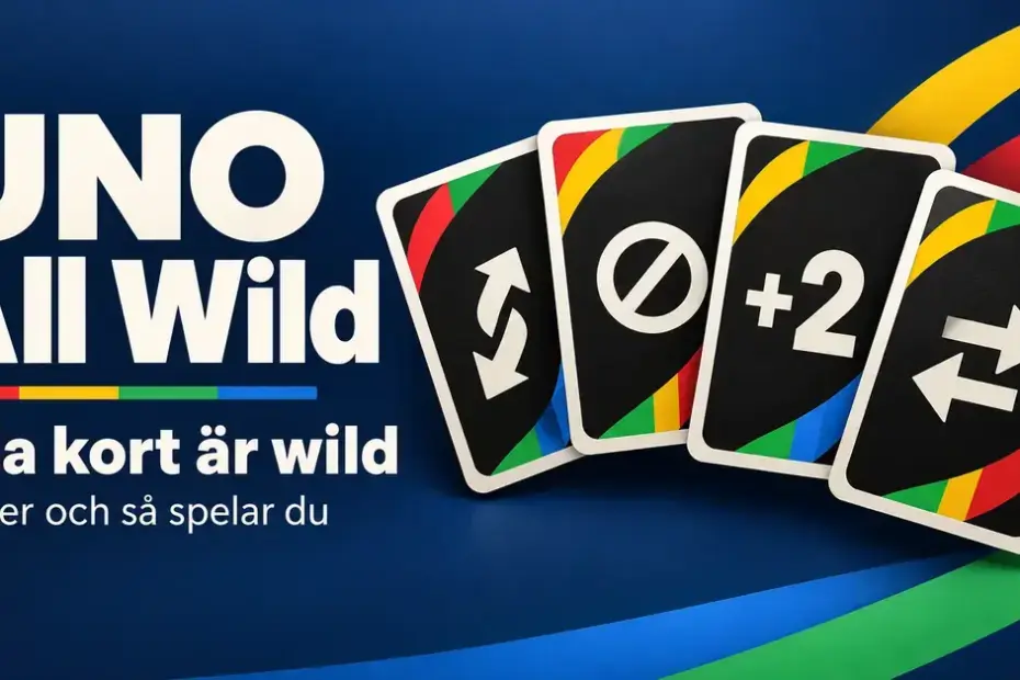 Illustration av fyra specialkort mot mörkblå bakgrund med texten ”UNO All Wild – Alla kort är wild – Regler och så spelar du”.