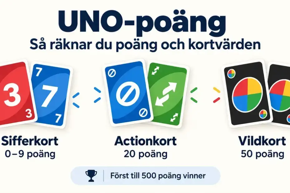 Grafik över UNO-poäng med sifferkort värda 0–9 poäng, actionkort värda 20 poäng och vildkort värda 50 poäng samt målet att först nå 500 poäng.