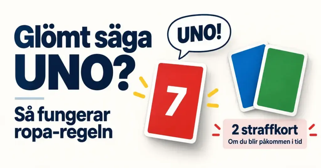 Illustration av ett rött spelkort med pratbubblan ”UNO!” och två straffkort som visar straffet när du glömmer säga UNO och blir påkommen i tid.