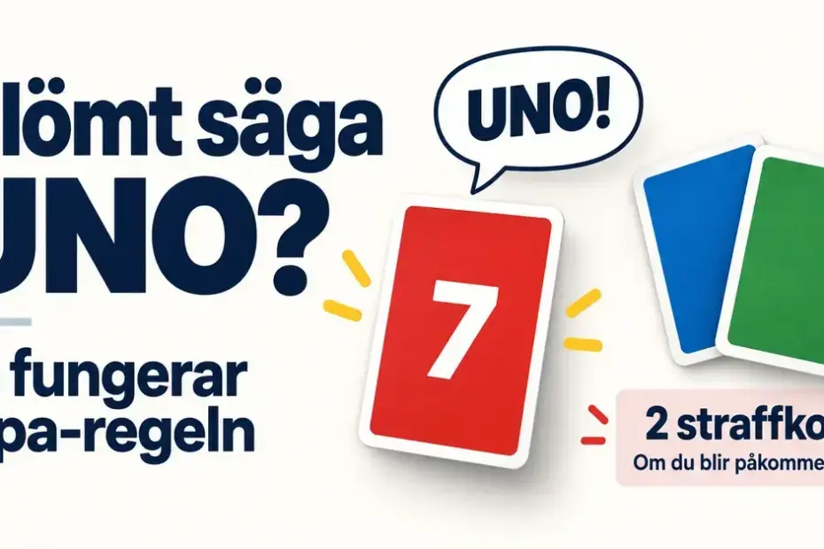Illustration av ett rött spelkort med pratbubblan ”UNO!” och två straffkort som visar straffet när du glömmer säga UNO och blir påkommen i tid.