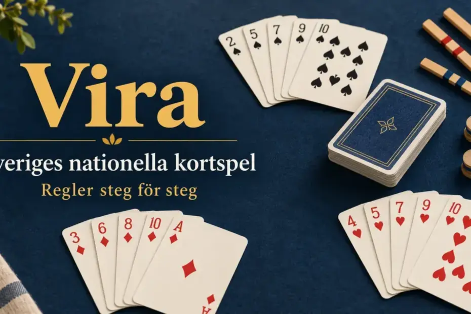 Spelkort, spelmarker och träpinnar på ett mörkblått bord med texten ”Vira – Sveriges nationella kortspel” och ”Regler steg för steg”.