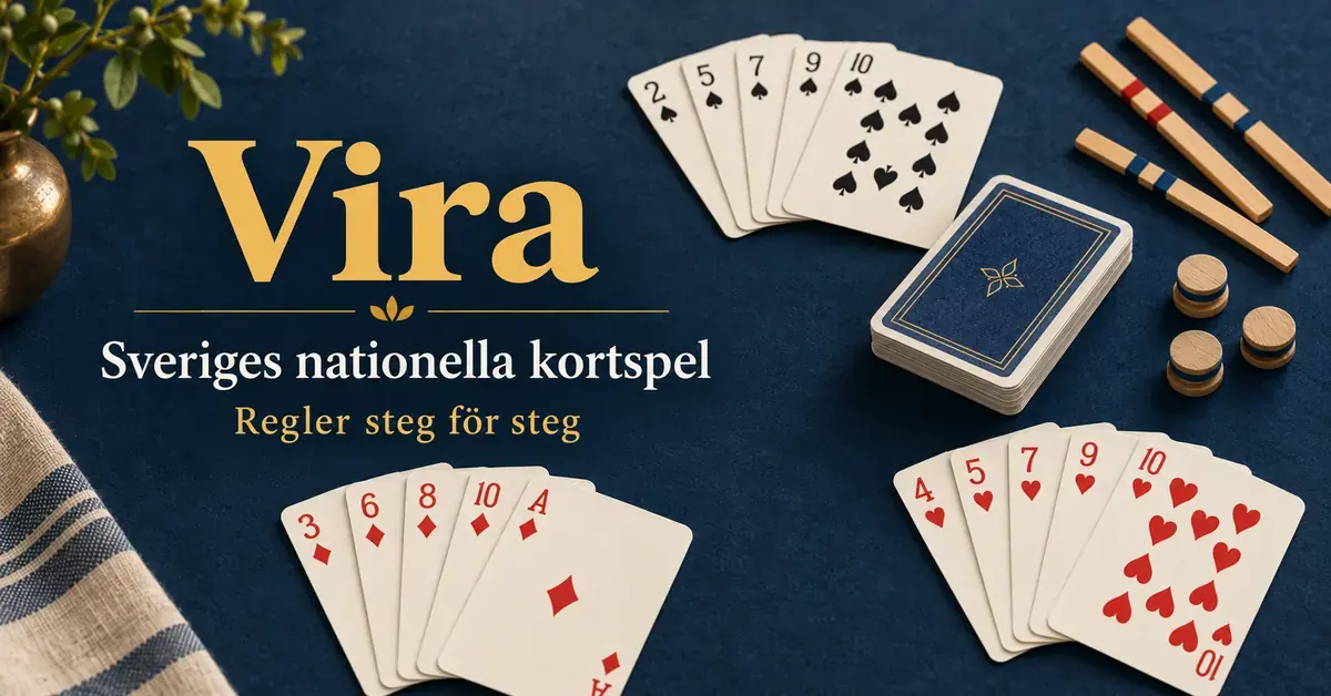 Spelkort, spelmarker och träpinnar på ett mörkblått bord med texten ”Vira – Sveriges nationella kortspel” och ”Regler steg för steg”.