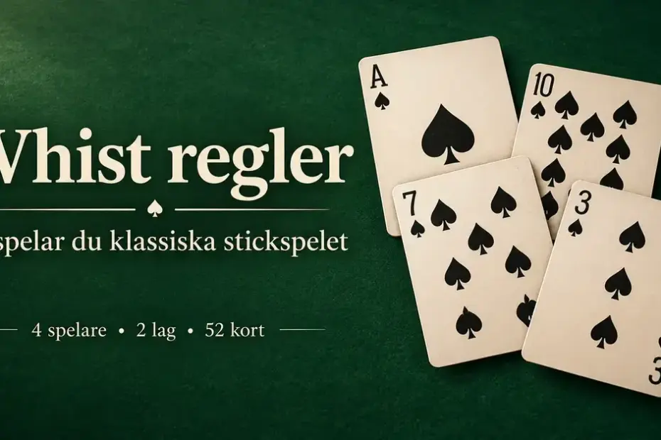 Fyra spaderkort på ett grönt spelbord med rubriken ”Whist regler” och text om det klassiska stickspelet för fyra spelare i två lag.